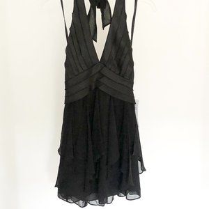 BCBG Max Azria Short Halter Open Back Dress in Satin + Chiffon in Black Size 0